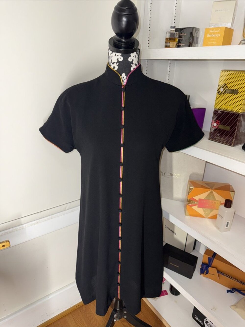 Vtg Evan Picone Qi Pao Black Short Sleeve Sheath Dress Sz 4 36 Bust 37 L